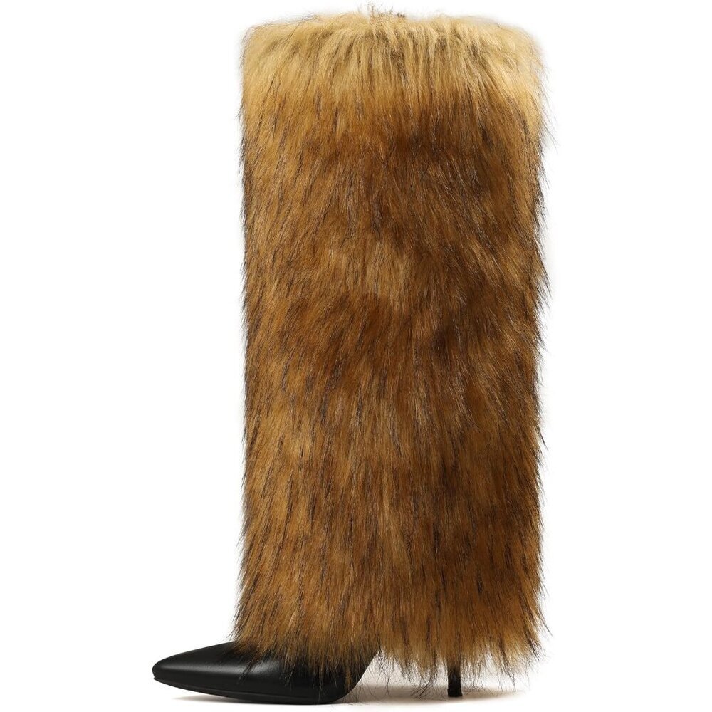 Womens L Brown Fur Knee High Boots with Heel Wide Calf Tall Fold Over Party Boot